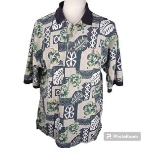 SEIGFRIED Hawaiian Shirt Tiki Graphics Palms Black Polo Collar Cuffs Golf XL